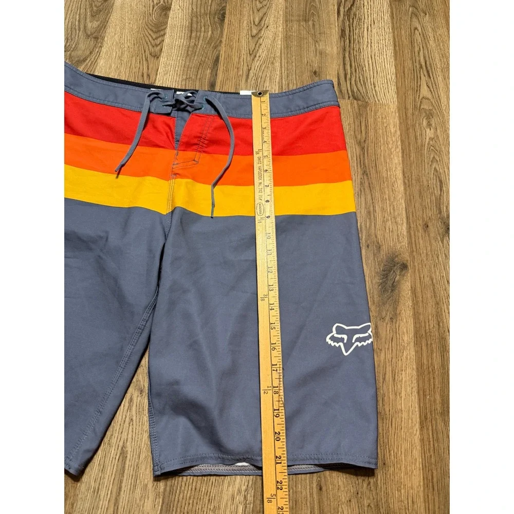 Fox Racing Board Shorts Mens Size 36 Blue Striped Swim Trunks Surf Retro Logo